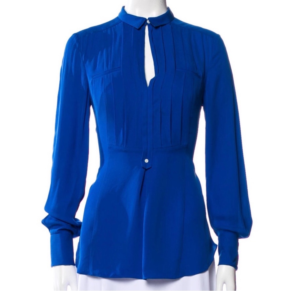 Halston Heritage Cerulean Blue Pleated Keyhole Silk Blouse